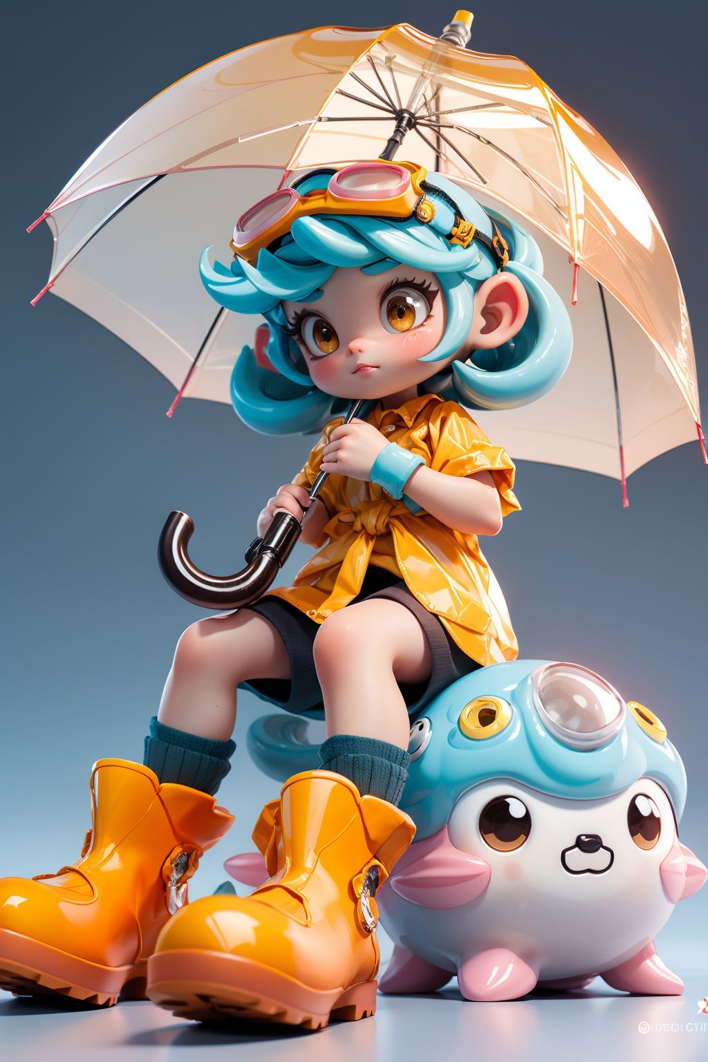 masterpiece, best quality, 8k, cinematic light, ultra high res, chibi, 1girl, holding umbrella, rubber boots, sitting, boots, solo, tentacle hair, skirt, transparent, short sleeves, long hair, raincoat, blue hair, brown eyes, yellow footwear, shorts, goggles, shirt, transparent umbrella, full body, <lora:chibi_05:1:TEST>