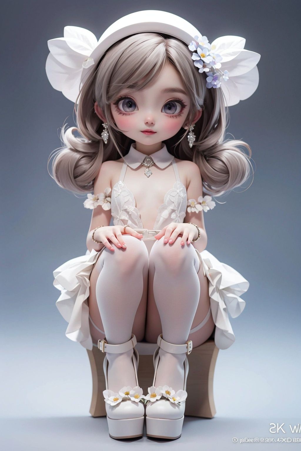 masterpiece, best quality, 8k, cinematic light, ultra high res, chibi, 1girl, mature, sexy, nsfw, white dress, white thighhighs, high heels, earrings, flower, <lora:chibi-v1:1>