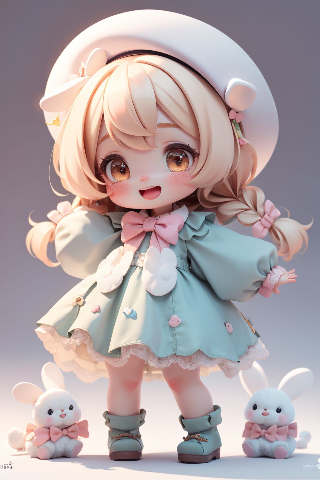 masterpiece, best quality, 8k, cinematic light, ultra high res, chibi, 1girl, child, hat, pink bow, bow, smile, open mouth, blonde hair, long hair, braid, solo, long sleeves, stuffed bunny, stuffed toy, white headwear, skirt, stuffed animal, twin braids, rabbit, animal ears, socks, bangs, full body, standing, brown eyes, pink bowtie, puffy long sleeves, hair bow, rabbit ears, beret, puffy sleeves, <lora:chibi_04:1:TEST>