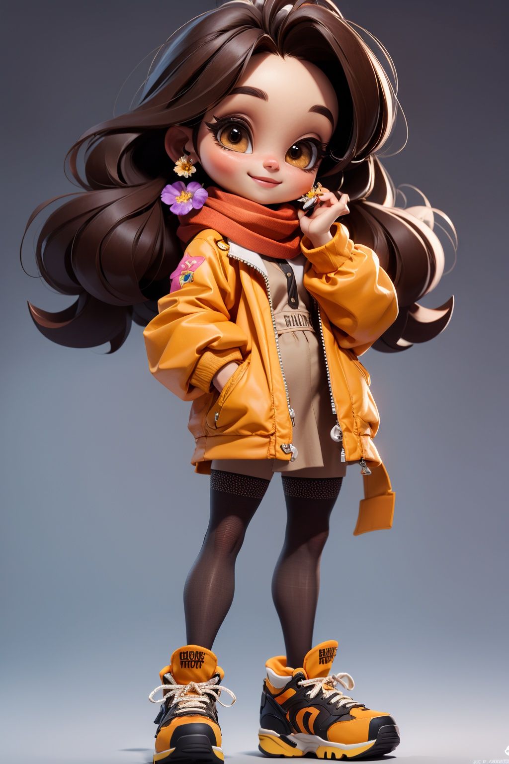 masterpiece, best quality, 8k, cinematic light, ultra high res, chibi, 1girl, solo, brown hair, earrings, jewelry, brown eyes, long hair, scarf, dress, shoes, flower, sneakers, jacket, standing, full body, pantyhose, smile, <lora:chibi_04:1:TEST>