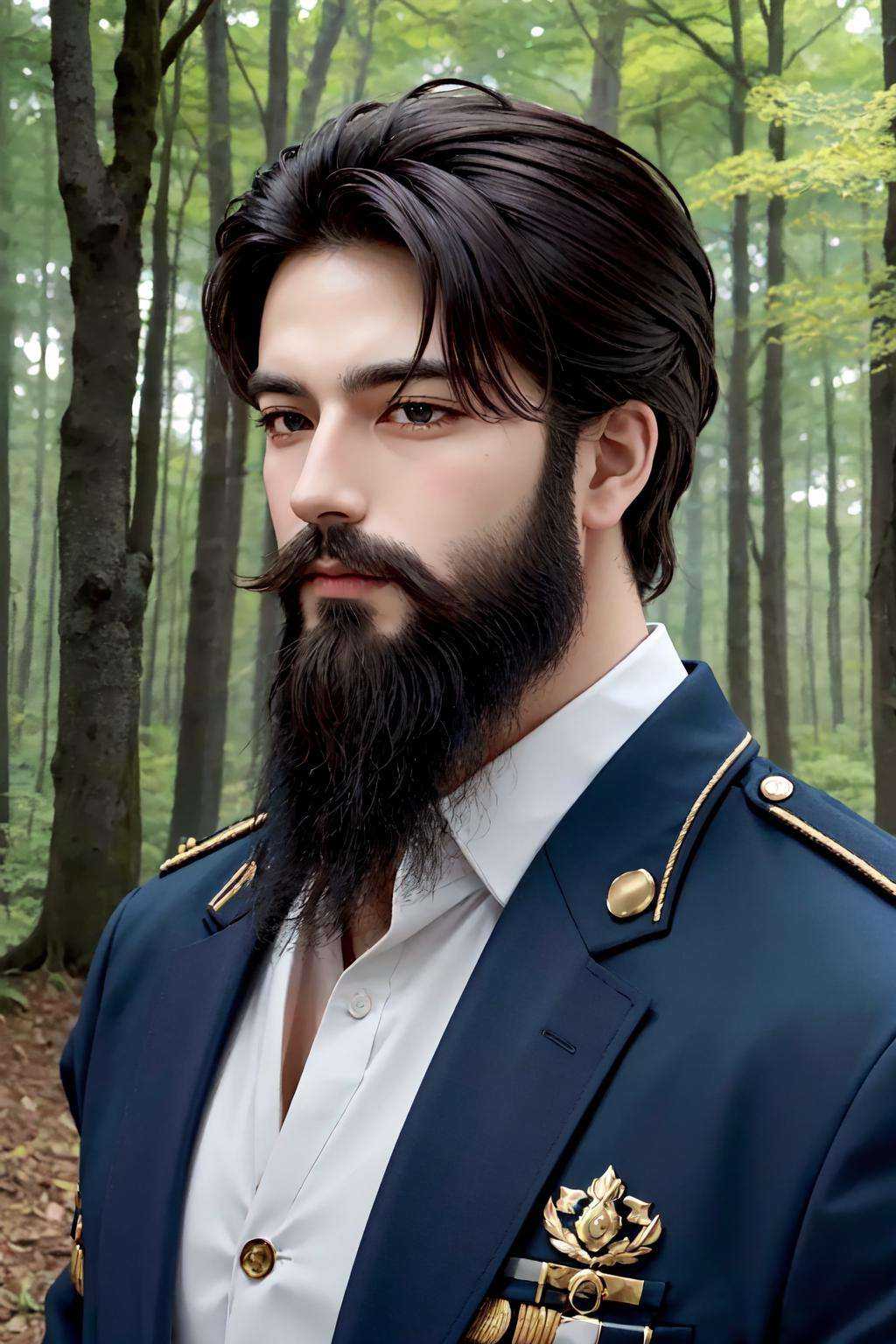 a man with a beard in a operations s3sttngsuit uniform in a forest,  8k uhd,  dslr on Tensor.Art