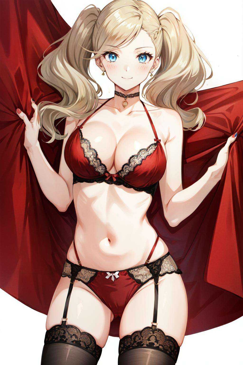 <lora:takamaki_anne-07:1>takamaki anne(persona 5), solo, jewelry, swept bangs, blush, earrings, white background, navel, blue eyes, thighhighs, cleavage, ass visible through thighs, underwear, black thighhighs, panties, large breasts, simple background, nail polish, smile, looking to the side, red panties, bra, blonde hair, 1girl, underwear only, lingerie, closed mouth, twintails, red bra, long hair, garter belt, red nails
