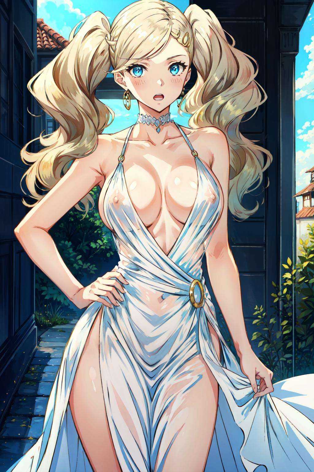 <lora:takamaki_anne-07:1>takamaki anne(persona 5), solo, jewelry, white dress, blush, collarbone, see-through, blue eyes, nipples, open mouth, bare shoulders, hand on hip, hair ornament, large breasts, breasts out, see-through dress, blonde hair, 1girl, dress, twintails, hairclip, long hair, looking at viewer, hand on own chest