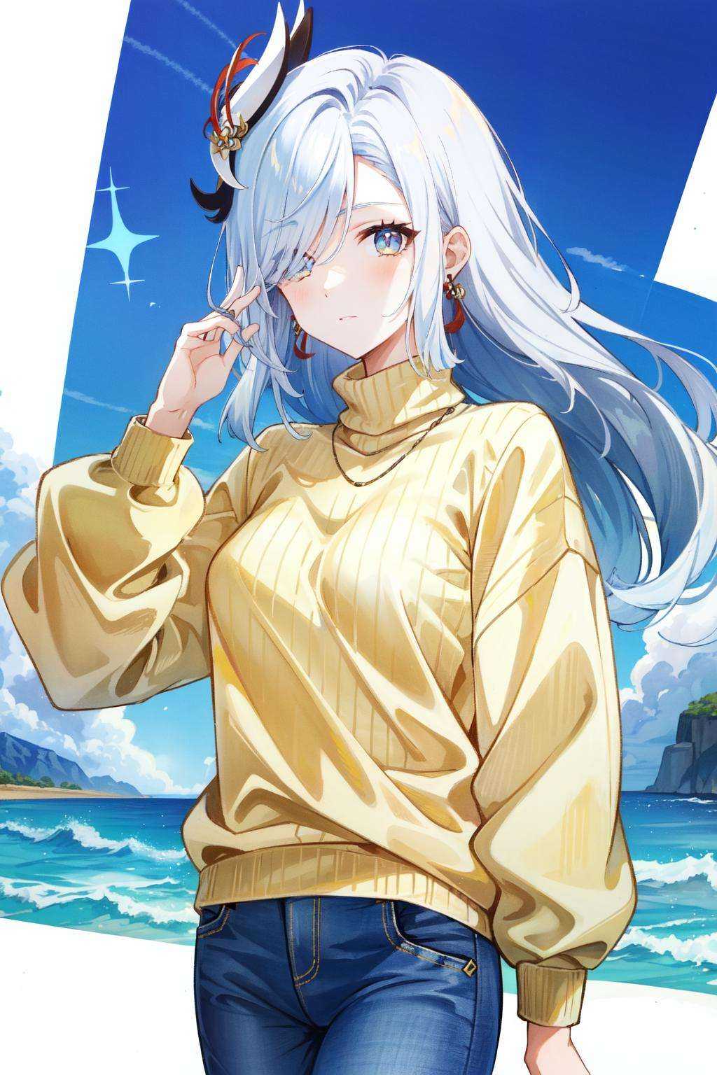 <lora:shenhe-10:1>shenhe(genshin impact), 1girl,solo,blue eeys, white hair,ribbed sweater, sweater, turtleneck sweater, turtleneck, looking at viewer, hair over one eyes, hair ornaments , jeans,earrings, 