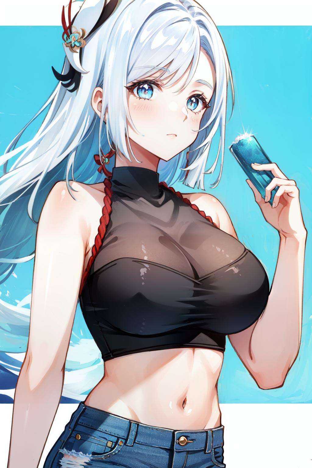 <lora:shenhe-10:1>shenhe(genshin impact), 1girl,solo, mature female, large breasts, white hair, blue eyes, crop top, bare shoulders, upper body, shorts , denim shorts, 