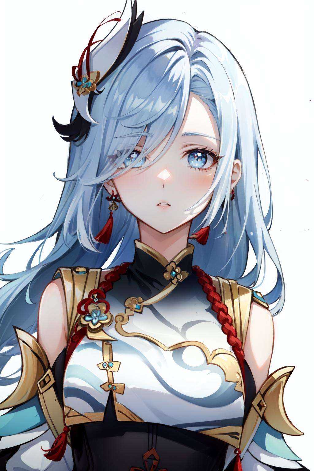 <lora:shenhe-10:1>shenhe(genshin impact), tassel, hair over one eye, 1girl, tassel earrings, white background, solo, simple background, jewelry, long hair, blue eyes, earrings, white hair, parted lips, upper body, looking at viewer