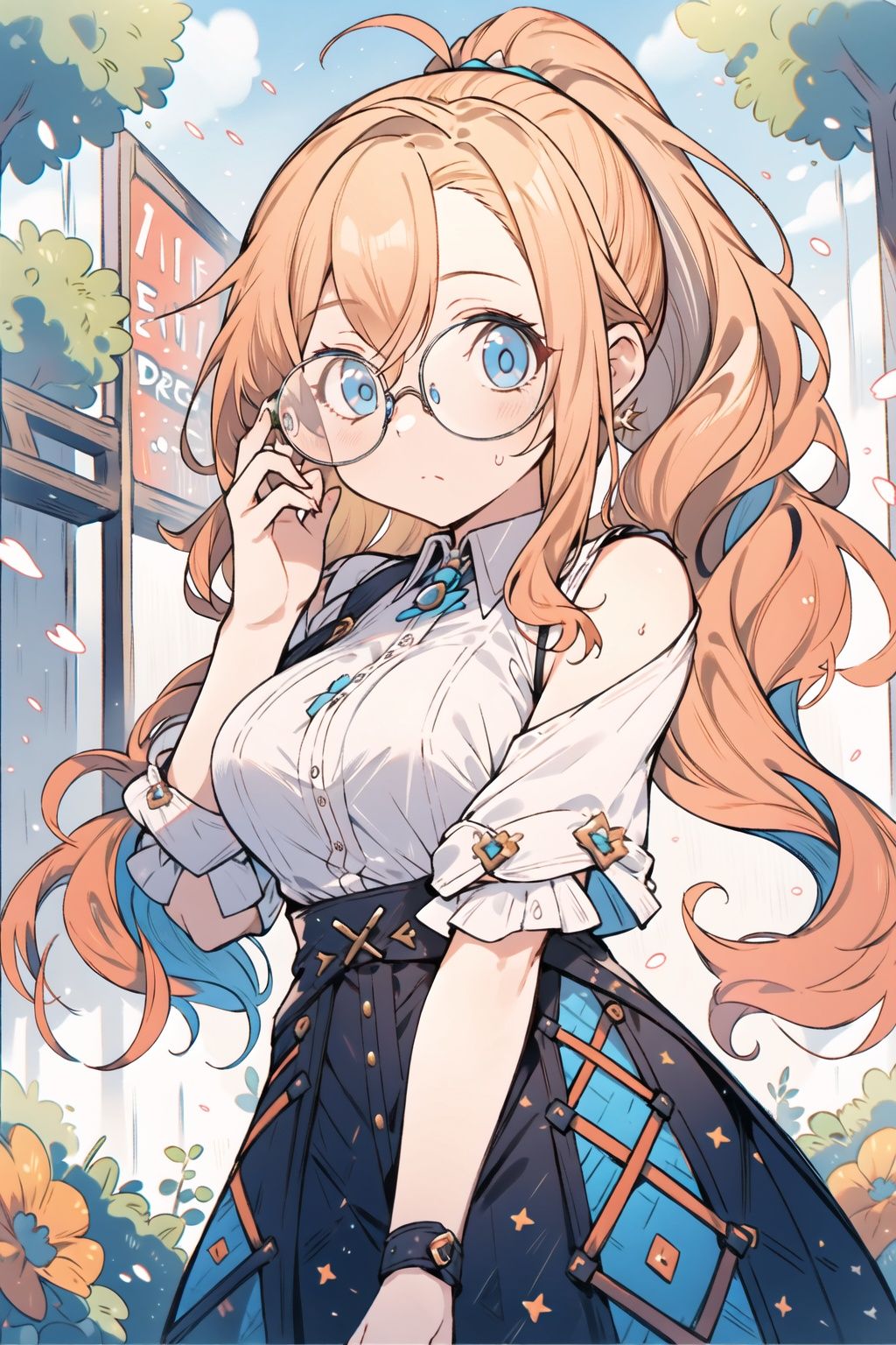 masterpiece,best quality,1girl,long hair,wavy hair,low ponytail,orange hair,large breasts,close-up,outdoors,glasses,alternate costume,blue eyes,