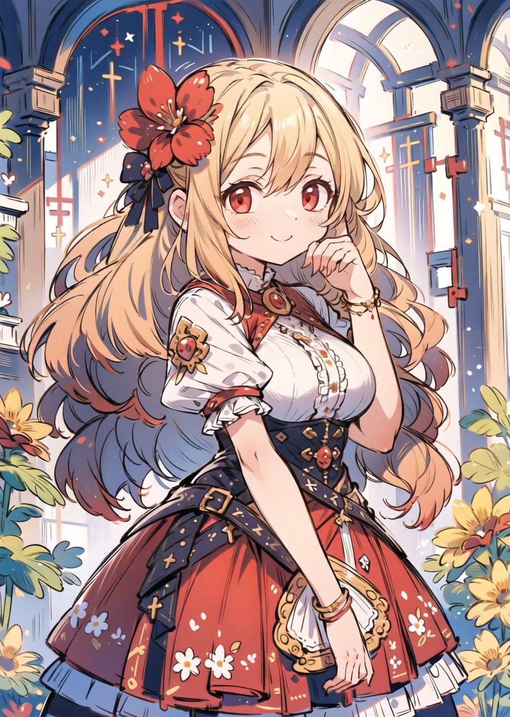 (masterpiece, best quality, high quality, highres, ultra-detailed),Smile,shy,indoors,large breasts,fantasy clothes,frills,flower,blond hair,long hair,red eyes,