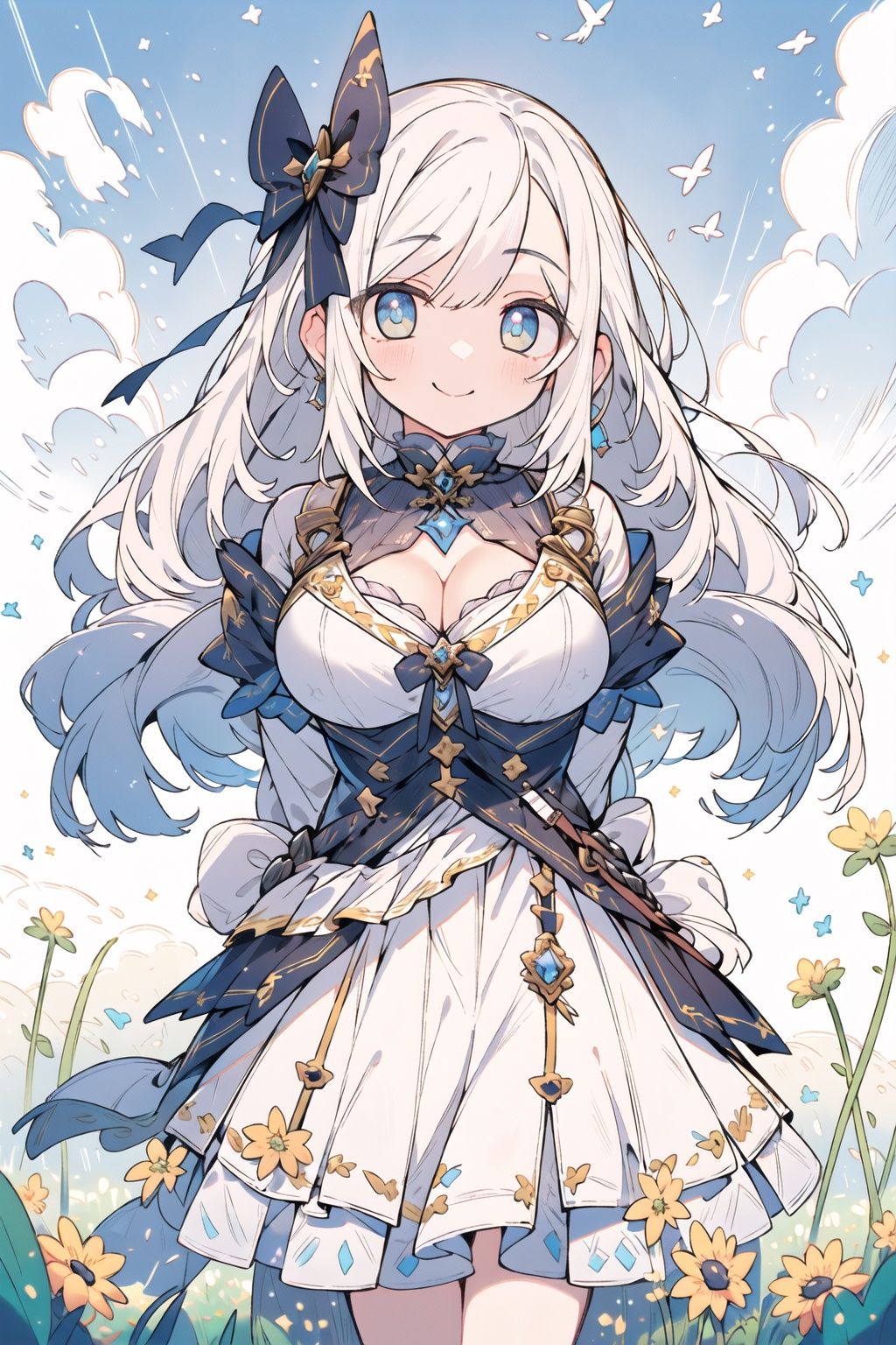 (masterpiece, best quality, high quality, highres, ultra-detailed),(arms  behind  back:1.2),(detailed beautiful eyes:1.3),swept bangs,silver hair,white skirt,yellow eyes,big breasts,field,sun,cloud,smile,blush,fantasy clothes,gothic,cleavage,(looking at viewer:1.2),bow,