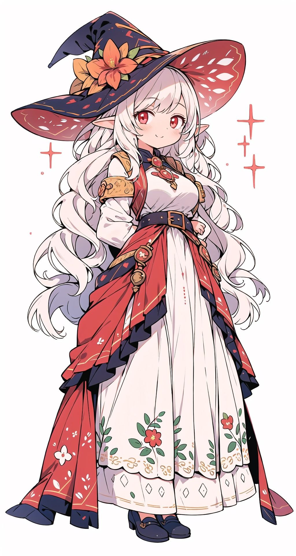 (masterpiece:1.2),(arms  behind  back:1.2),best quality,game cg,1girl,solo,long hair,white hair,hair ornament,dress,full body,looking at viewer,simple background,red eyes,standing,hair flower,white background,white dress,closed mouth,long sleeves,skirt,wavy hair,blush,large breasts,smile,very long hair,hand up,floral print,witch hat,elf,,fairy tale girl, <lora:EMS-970-EMS:0.8>