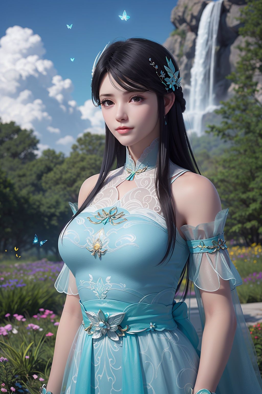 outdoors，(black hairs:1.0)，floating hair，blue sky，cloud,(arms at sides:1.0),(standing:1.0),moons，waterfall，space,1girl, solo，(large breasts:1.0)，flowers，floating hair,(upper body:1.2)，garden,flowers,(butterflies:1.2),hair ornament,black eyes，(cyan dress:1.3),looking at viewer，detail face,long legs,closed mouth， <lora:dingdang-xuner:0.55>
