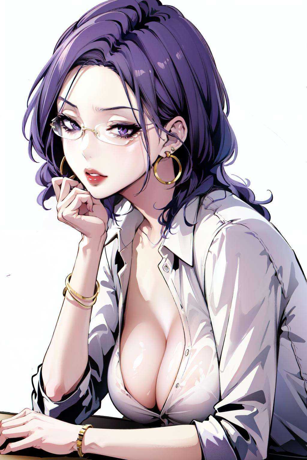 <lora:kim-10:1>Kim Mi-Jung, glasses,1girl, breasts, jewelry, bracelet, solo, earrings, hoop earrings, cleavage, large breasts, looking at viewer, purple hair, makeup, purple eyes, lipstick, shirt, white background, head rest, simple background, lips, collared shirt
