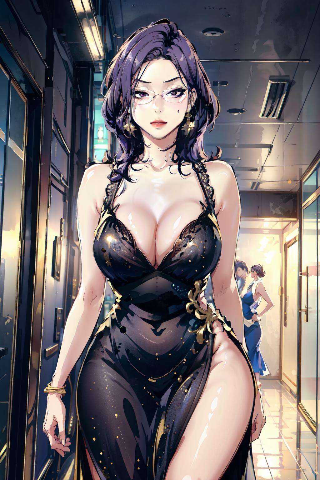 <lora:kim-10:1>Kim Mi-Jung, brown eyes, jewelry, bare shoulders, solo, purple hair, sleeveless, mature female, earrings, large breasts, black dress, indoors, 1girl, long hair, dress, glasses, cleavage