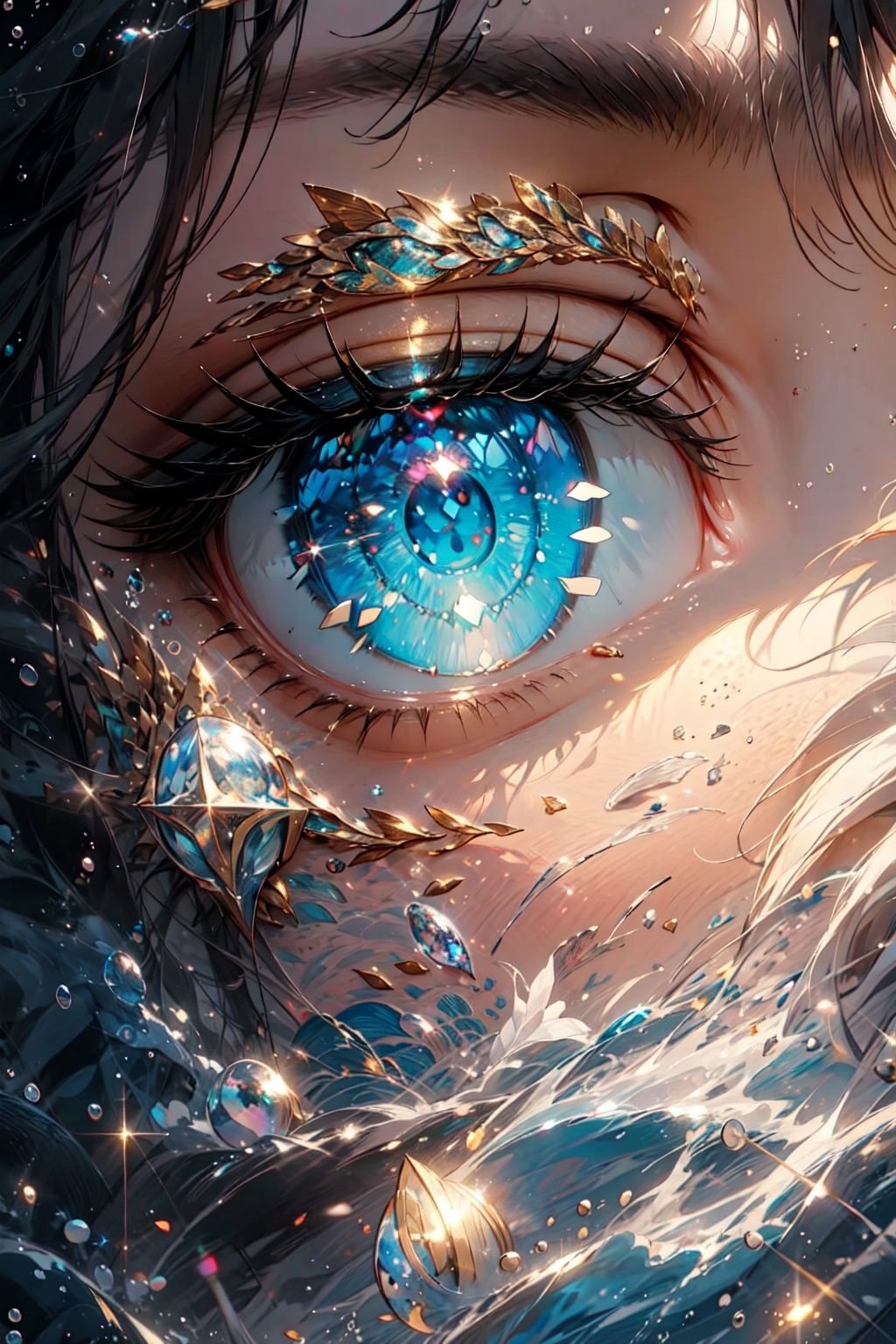 macro photo shot of an eye of an elf girl Seeing the underwater world, mirroring,hyperrealistic, colorfulcinematic lighting, in the style of realistic and hyper-detailed renderings, contoured shading,extreme iridescent reflection overexposure, high brightness shimmer pearly color