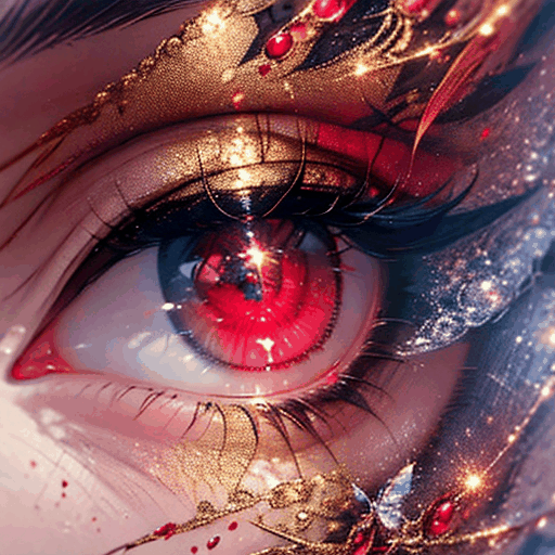  opening eyes, red_eye,make-up,eye_lashes,eye_shadow,focus eyes,gemstone,butterflies,detail eyes,
