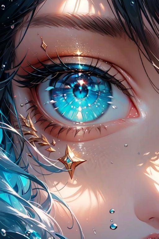 macro photo shot of an eye of an elf girl Seeing the underwater world, mirroring,hyperrealistic, colorfulcinematic lighting, in the style of realistic and hyper-detailed renderings, contoured shading,extreme iridescent reflection overexposure, high brightness shimmer pearly color