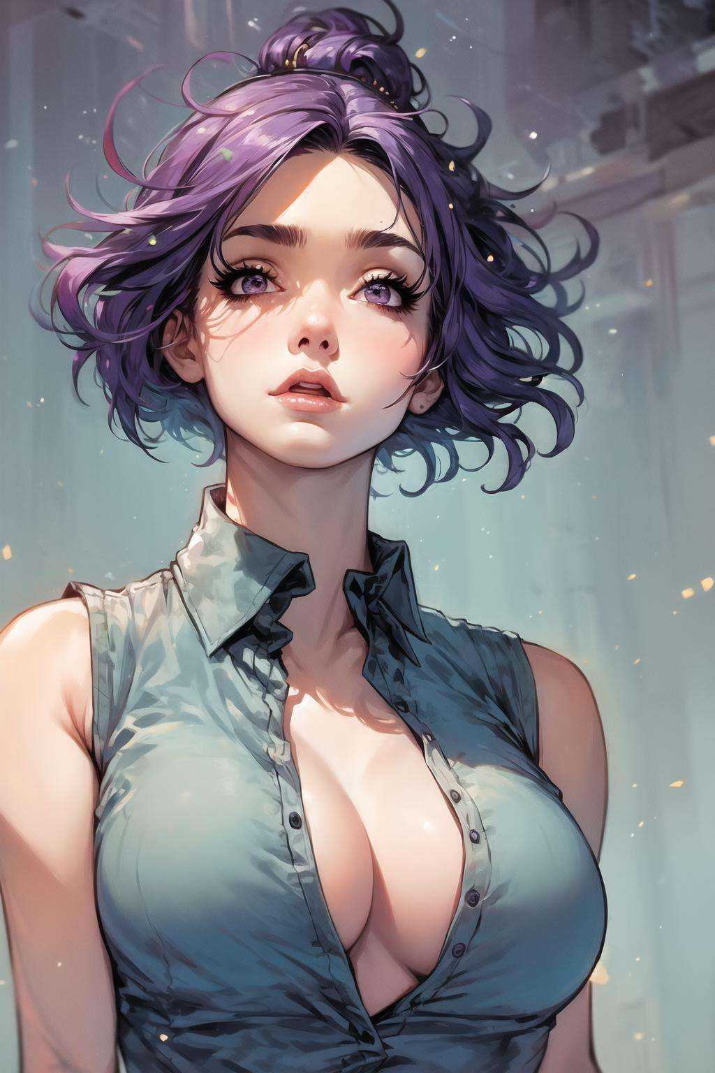 masterpiece, best quality, 1girl, collared shirt, black eyes, purple hair <lora:GPTS7 comic_443703:1>