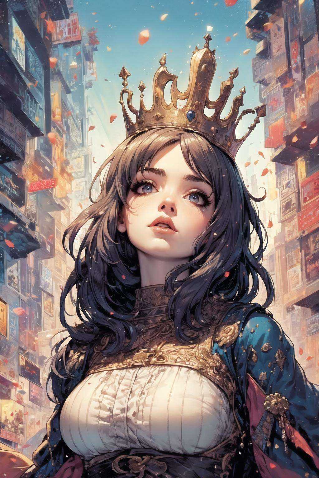 masterpiece, best quality, 1girl, (crown:1.25), (particles:1.2), (treasure:1.15)<lora:GPTS7 comic_443703:1>