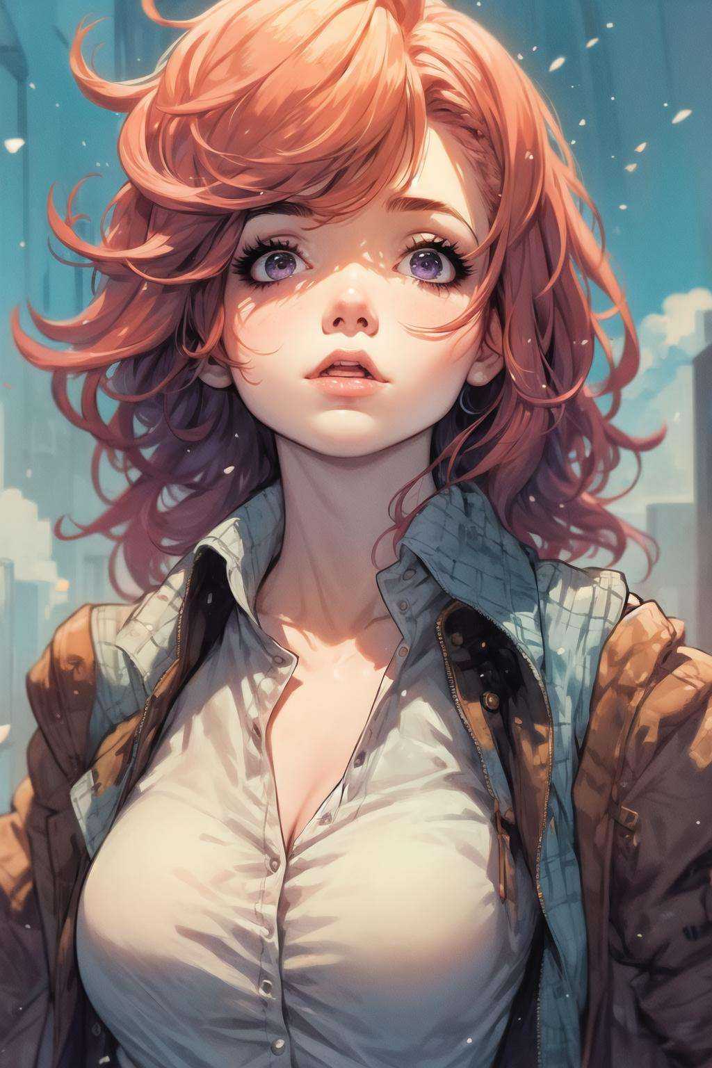 masterpiece, best quality, 1girl, collared shirt, purple eyes, red hair <lora:GPTS7 comic_443703:1>