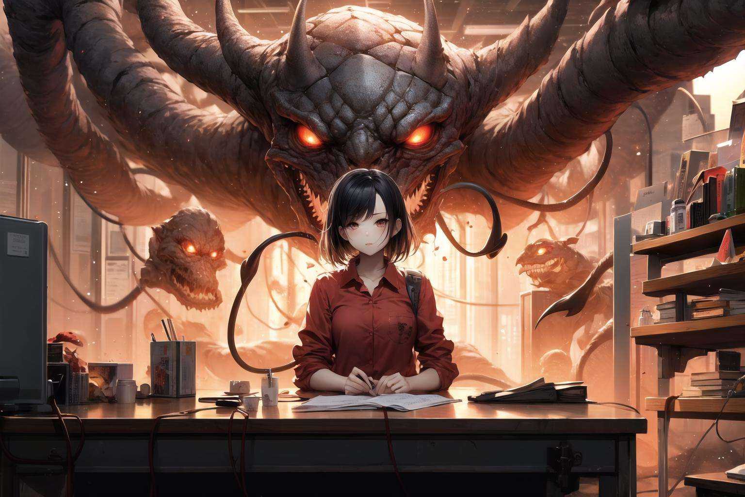 masterpiece, best quality,1girl, demon, hell, (red theme:1.25),collared shirt, desk, sitting, office<lora:GPTS6 Hella-sthetic_424353:1>