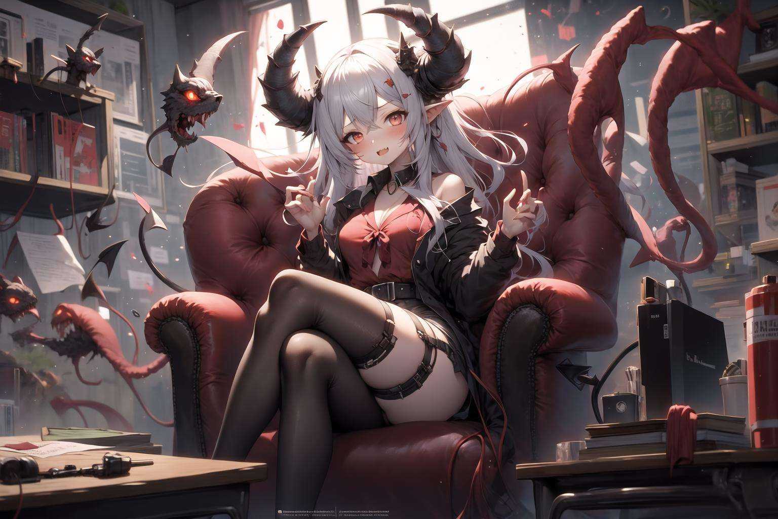 masterpiece, best quality,1girl, demon girl, hell, (red theme:1),collared shirt, desk, sitting, office<lora:GPTS6 Hella-sthetic_424353:0.75> <lora:S12 v4.2 NAI_208163:0.75>