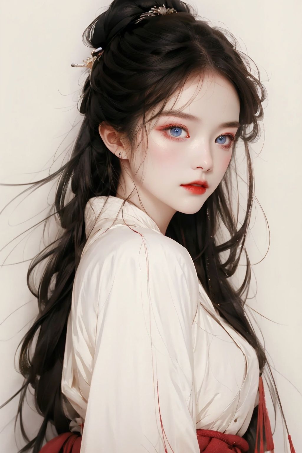 masterpiece, best quality, 8k, cinematic light, ultra high res, 1girl, long hair, solo, black hair, blue eyes, hanfu, white background, upper body, jewelry, chinese painting, <lora:chinese-art_05:1>