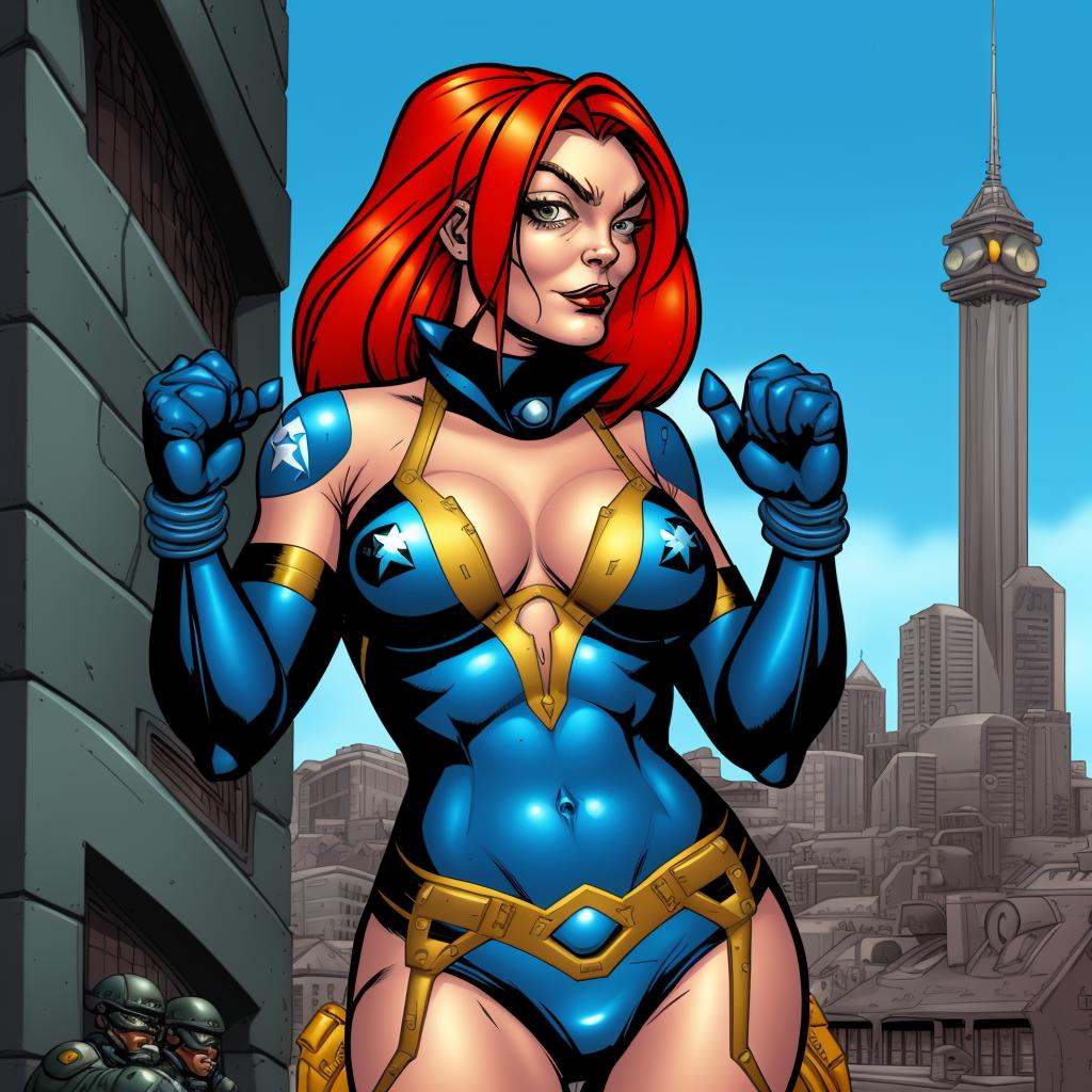 cartoon character, Lindsay Lohan The Comedian , futuristic soldier,  futuristic america, 4k, <lora:2000Comics:1>