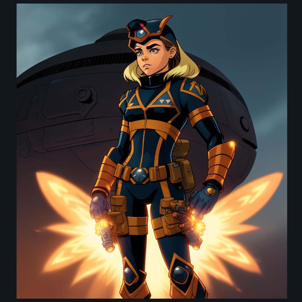 cartoon character, Kiernan Shipka The Rocketeer , futuristic soldier,  futuristic america, 4k, <lora:2000Comics:1>