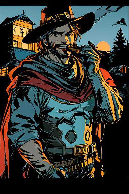 mccree,  western setting,  red poncho on Tensor.Art