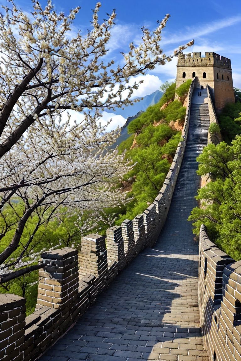 spring,the great wall,without humans,putting artificial flowers on trees, <lora:changcheng:0.7>