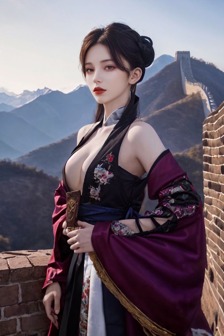 ccurate,UHD,textured skin,high details,super detail,award winning,real skin,(1girl:1.2),looking at viewer,pov,hanfu,(Broad shoulders:1.2)，standing,upper body,spring,(hands at body sides:1.2),the great wall,Mountains,<lora:changcheng:0.5>,<lora:WDR_汉服写实_1.0:0.5>,ulzzang-6500,pureerosface_v1,