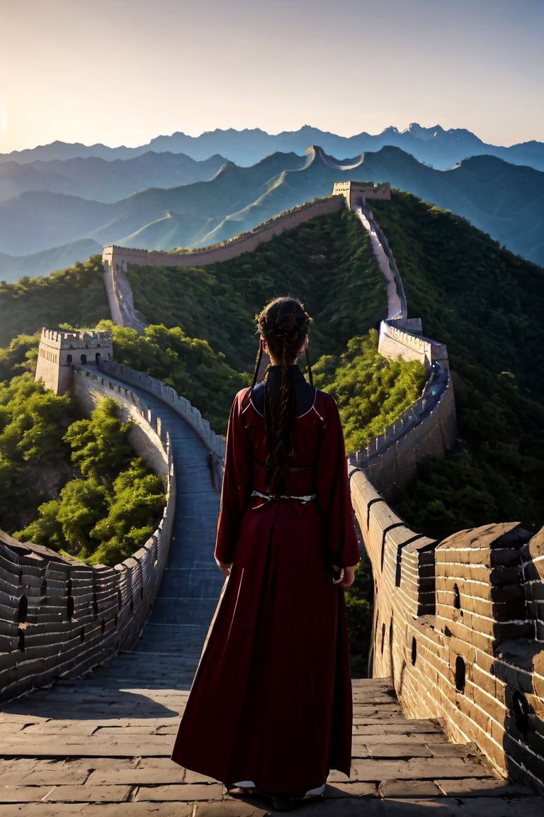 ccurate,UHD,textured skin,high details,super detail,award winning,real skin,(1girl:1.2),hanfu,standing,upper body,(Her hands were behind her back(:1.2),spring,the great wall,Mountains,dusk, <lora:changcheng:0.5>， <lora:WDR_汉服写实_1.0:0.6>