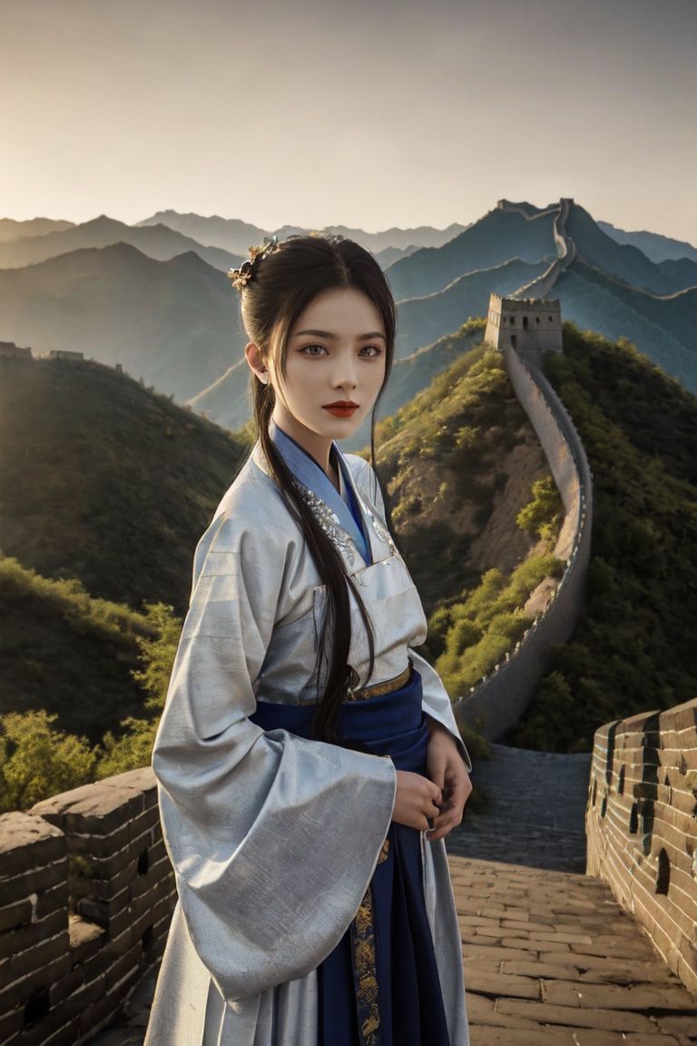 ccurate,UHD,textured skin,high details,super detail,award winning,real skin,(1girl:1.2),looking at viewer,hanfu,standing,upper body,spring,(hands at body sides:1.2),the great wall,Mountains,dusk, <lora:changcheng:0.5>,<lora:WDR_汉服写实_1.0:0.5>