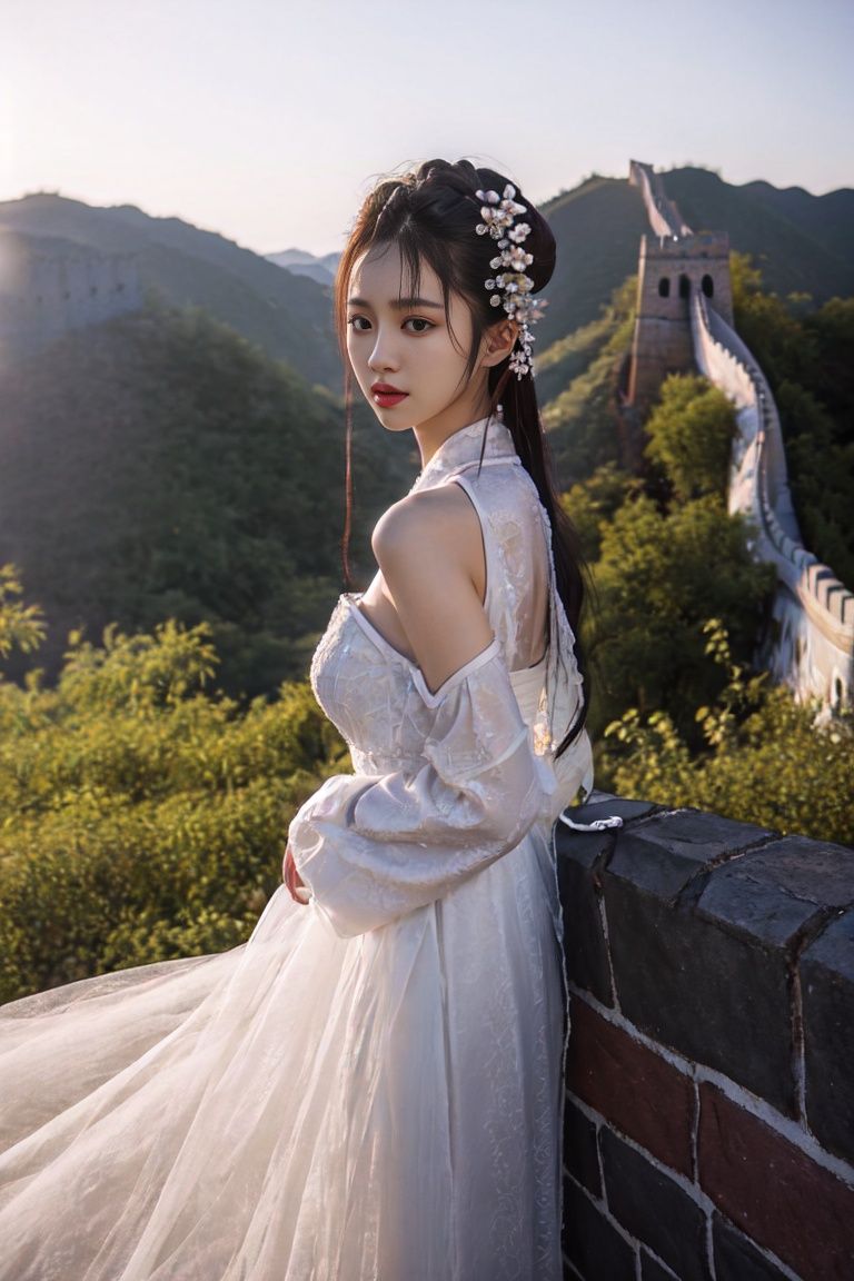 best qality,high details,textured skin,1girl wear hanfu,outdoor,flower,the great wall，Broad shoulders，(ulzzang-6500:0.7),(pureerosface_v1:0.8) ,<lora:WDR_汉服写实_1.0:0.7>,<lora:changcheng:0.5>,