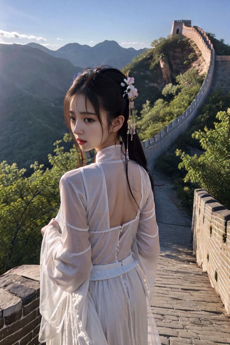 best qality,high details,textured skin,1girl wear hanfu,outdoor,flower,the great wall，Broad shoulders，(ulzzang-6500:0.7),(pureerosface_v1:0.8) ,<lora:WDR_汉服写实_1.0:0.7>,<lora:changcheng:0.5>,