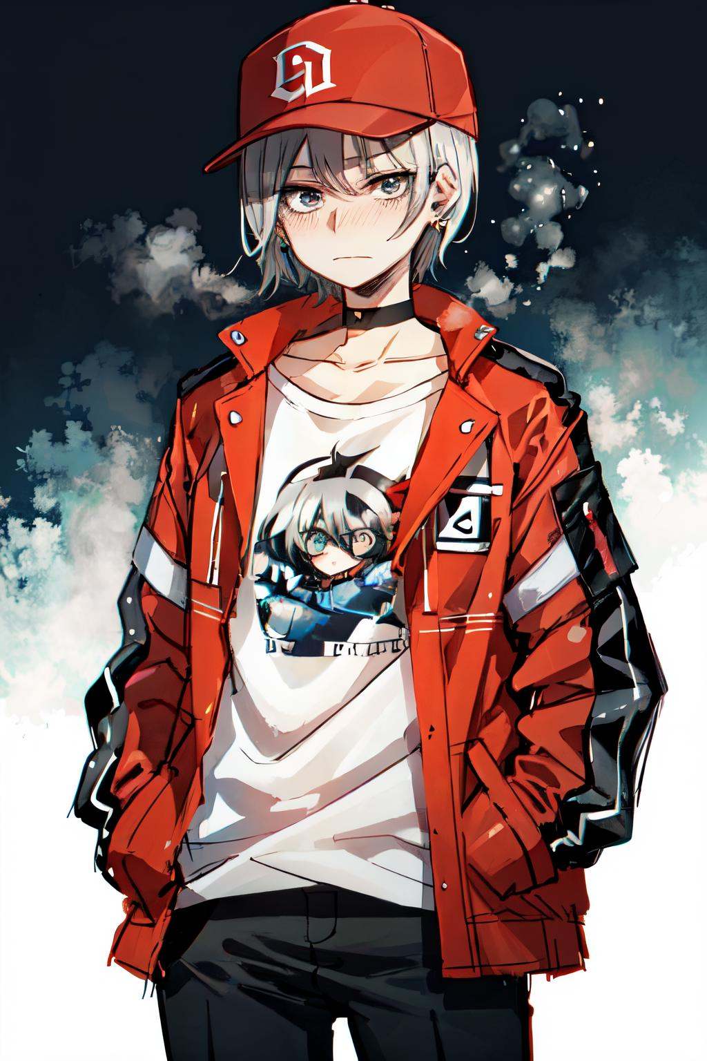 ratatatat74 style,  blush,  a drawing of a anime woman with gray hair and a red jacket on Tensor.Art