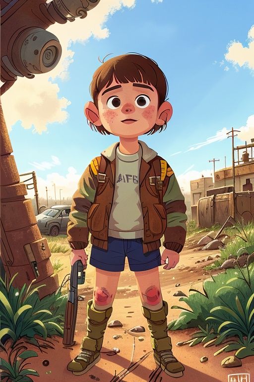 a girl in a wasteland, post apocalyptic, spanish, kid<lora:COOLKIDS_V2:1>