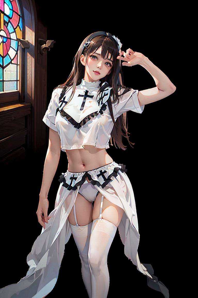 perfect skin,(8k, RAW photo, best quality, masterpiece:1.2), (realistic, photo-realistic:1.4),1girl, (aegyo sal:1), professional lighting, photon mapping, radiosity, physically-based rendering <lora:nun:0.8>  <lora:koreanDollLikeness_v15:0.6>,white thighhighs, hair ornament, church, white wimple