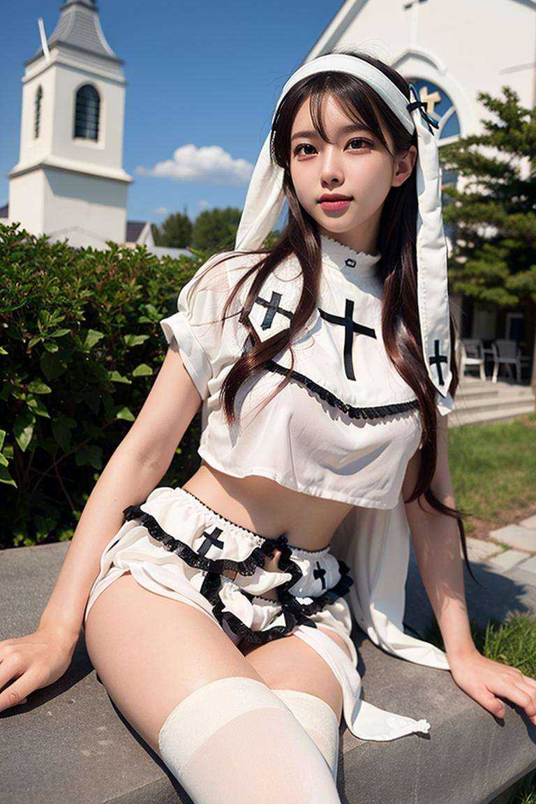 perfect skin,(8k, RAW photo, best quality, masterpiece:1.2), (realistic, photo-realistic:1.4),1girl, (aegyo sal:1), professional lighting, photon mapping, radiosity, physically-based rendering <lora:nun:0.8>  ,church, white thighhighs, white wimple  <lora:koreanDollLikeness_v15:0.6>