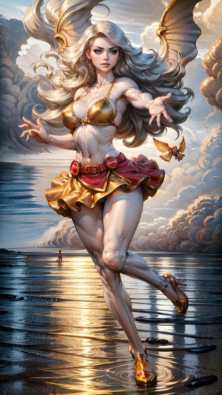 a girl wear mini skirt and bikini,25 age, green eyes, long brown hair, sport figure, full body, big breasts,fly in the water with golden clouds background.  Red long leg high heels,Clouds, <lora:EMS-14413-EMS:1.2>, <lora:EMS-15581-EMS:0.9>, <lora:EMS-14498-EMS:0.8>, <lora:EMS-15583-EMS:0.6>