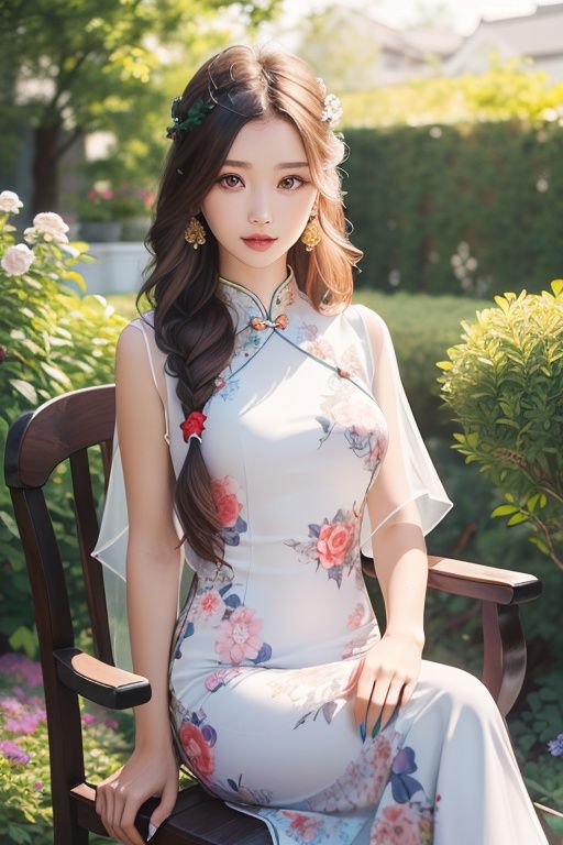 1girl,long hair,(((masterpiece,best quality))),((good structure,Good composition,good atomy)), ((clear, original,beautiful)),sitting on garden,flowers around body,chinese long dress,chair,see color,tyjf