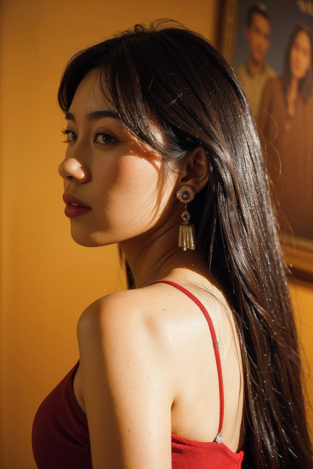 Best Quality,Masterpiece,Ultra High Resolution,(Realisticity:1.4),Original Photo,Cinematic Lighting,HongKong Style,HongKong, 1girl, jewelry, earrings, solo, long hair, black hair, looking at viewer, lips, upper body, looking back, realistic, bare shoulders, poster \(object\), black eyes
