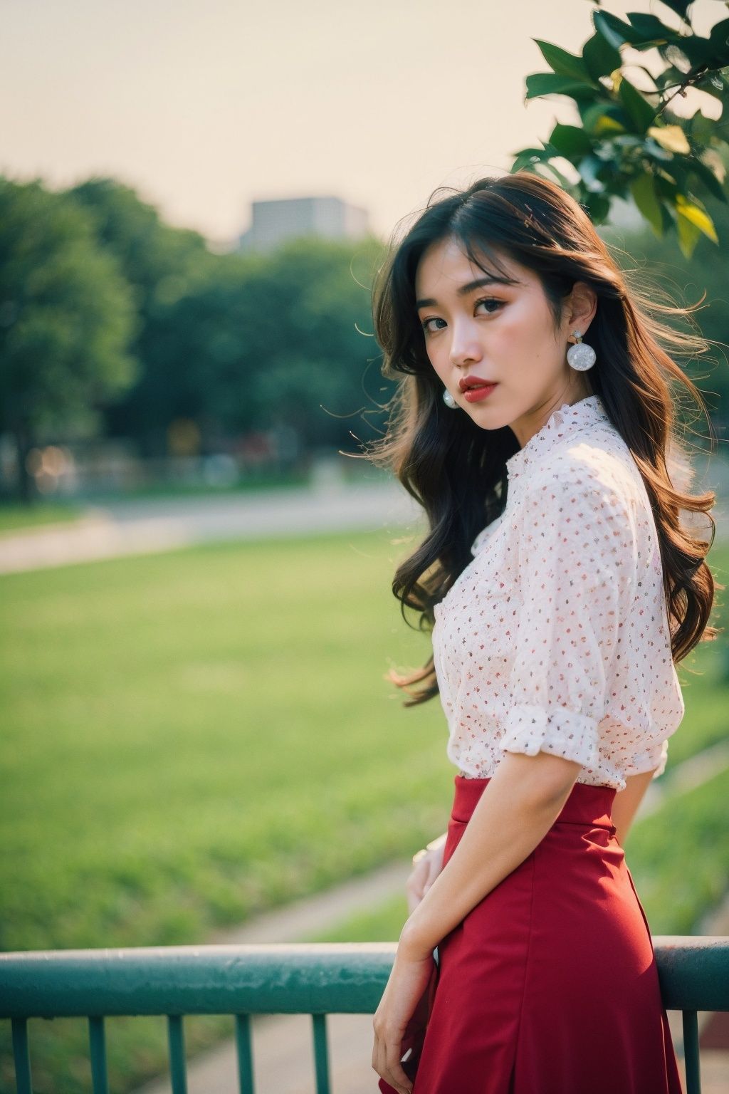 Best Quality,Masterpiece,Ultra High Resolution,(Realisticity:1.4),Original Photo,Cinematic Lighting,HongKong Style,HongKong, 1girl, solo, skirt, shirt, plant, jewelry, railing, long hair, earrings, outdoors, long skirt, black hair, photo background, brown hair, standing, red skirt, lipstick, building