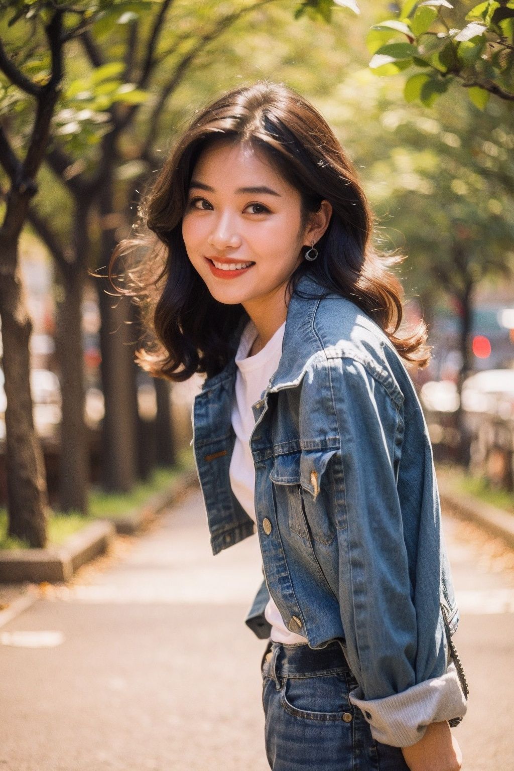 Best Quality,Masterpiece,Ultra High Resolution,(Realisticity:1.4),Original Photo,Cinematic Lighting,HongKong Style,HongKong, 1girl, 1boy, brown hair, smile, building, outdoors, shirt, city, realistic, tree, denim, jeans, black hair, skirt, photo background, road