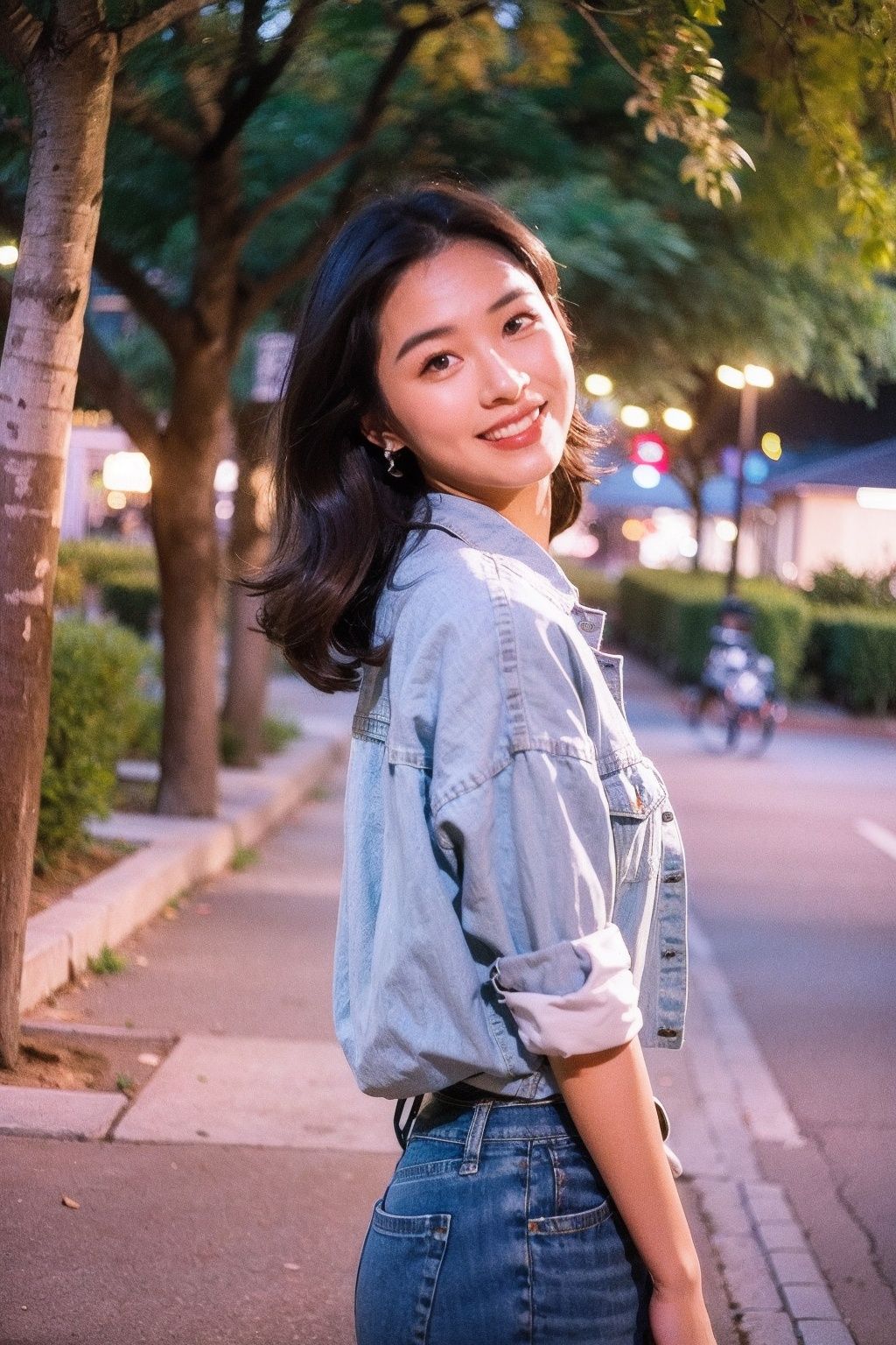 Best Quality,Masterpiece,Ultra High Resolution,(Realisticity:1.4),Original Photo,Cinematic Lighting,HongKong Style,HongKong, 1girl, 1boy, brown hair, smile, building, outdoors, shirt, city, realistic, tree, denim, jeans, black hair, skirt, photo background, road