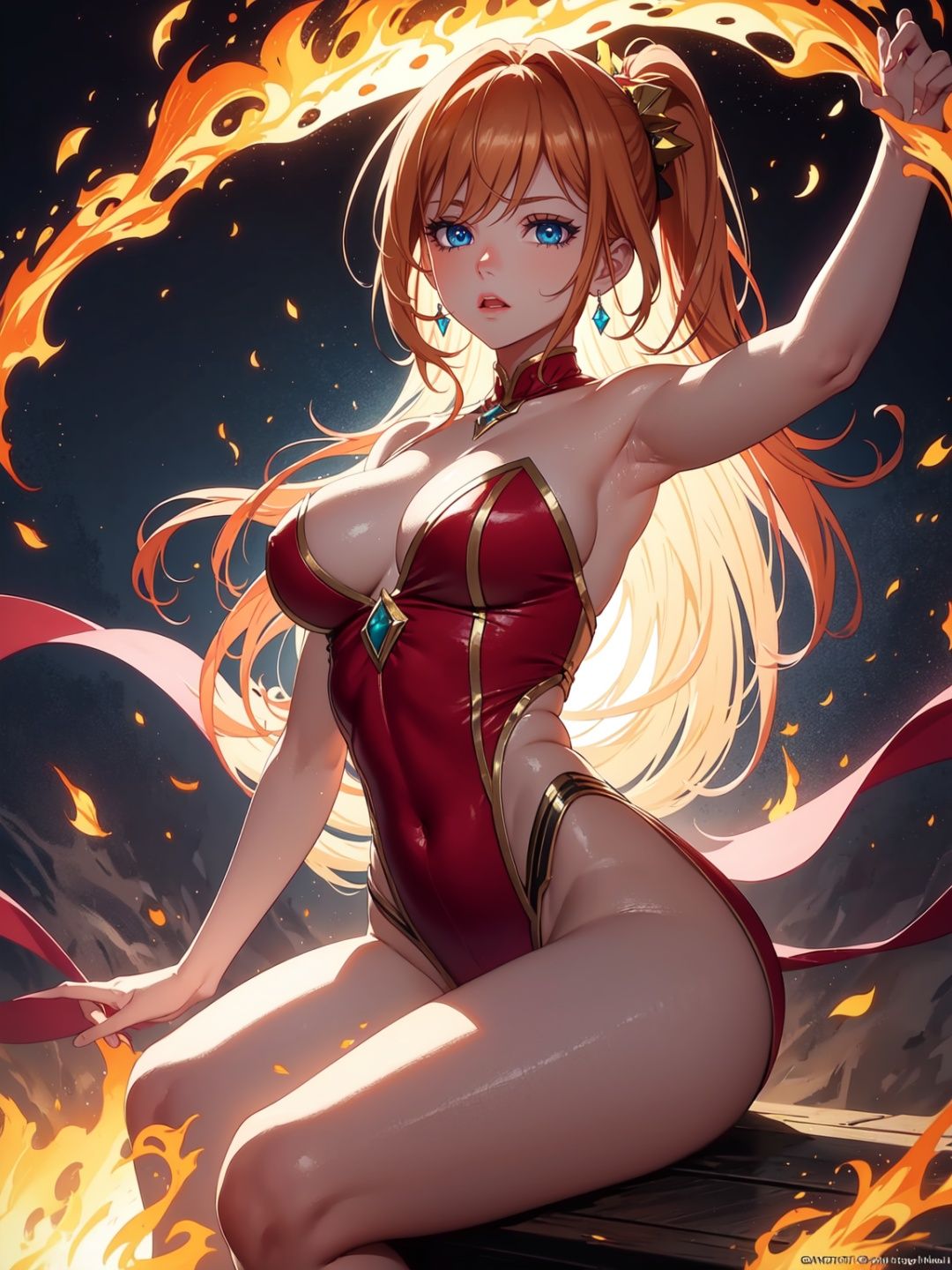 Step into a captivating scene featuring an anime girl seated on a floating platform,  as vibrant fire particles ignite the...