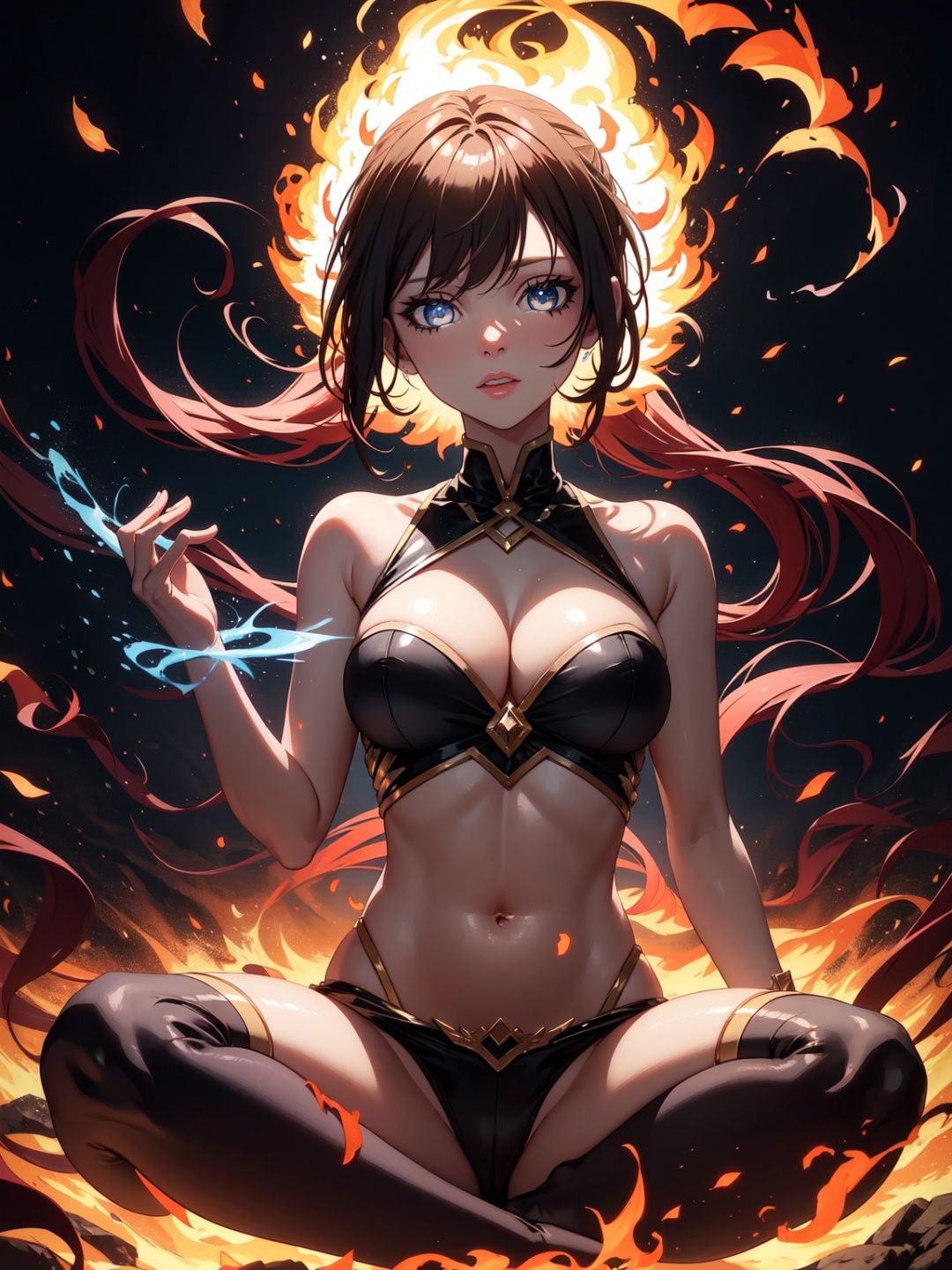Step into a captivating scene featuring an anime girl seated on a floating platform,  as vibrant fire particles ignite the...