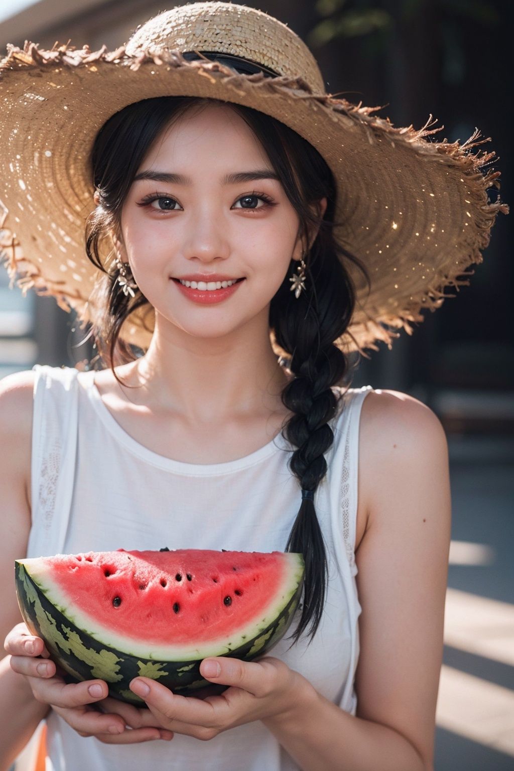 <lora:FaceSizeAdjuster:1.5>,1girl,(face focus:1.3),(happy,smile,teeth:1.2),1girl, (watermelon:1.2), solo, hat, fruit, straw hat, food, striped, braid, holding, twin braids, looking at viewer, overalls, holding food, blurry background, black hair, striped shirt, blurry, holding fruit, upper body, shirt, black eyes, **** top, bangs, twintails, long hair, teeth, realistic, sun hatblack hair,pink_background,sweet atmosphere,love,(PureErosFace_V1:0.8),(ulzzang-6500:0.3),(red lipstick:0.8),(detailed pupils:1.3),(aegyo sal:1),((puffy eyes)),(film_grain:1.4),RAW,highres,(1 girl,solo:1.6),(detailed face:1.2),(gorgeous beautiful cute Korean woman:1.3),(kpop idol, korean beauty, korean mixed),(small head),((perfect eyes)),((perfect face)),(details:1.4),(high detailed skin:1.2),(extremely detailed CG unity 8k wallpaper),photo of the most beautiful artwork in the world,trending on ArtStation,trending on CGSociety,Intricate,High Detail,Sharp focus,dramatic,volumetric lighting,rim lighting,two tone lighting,cinematiclighting,rim lighting,light particles,sunlight,