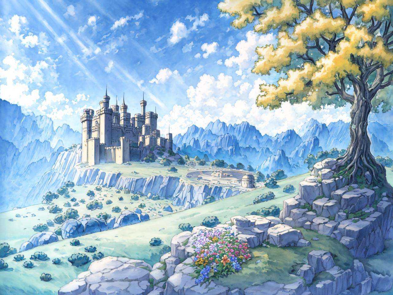 grand landscape,  castle on the hill,  boulders on Tensor.Art
