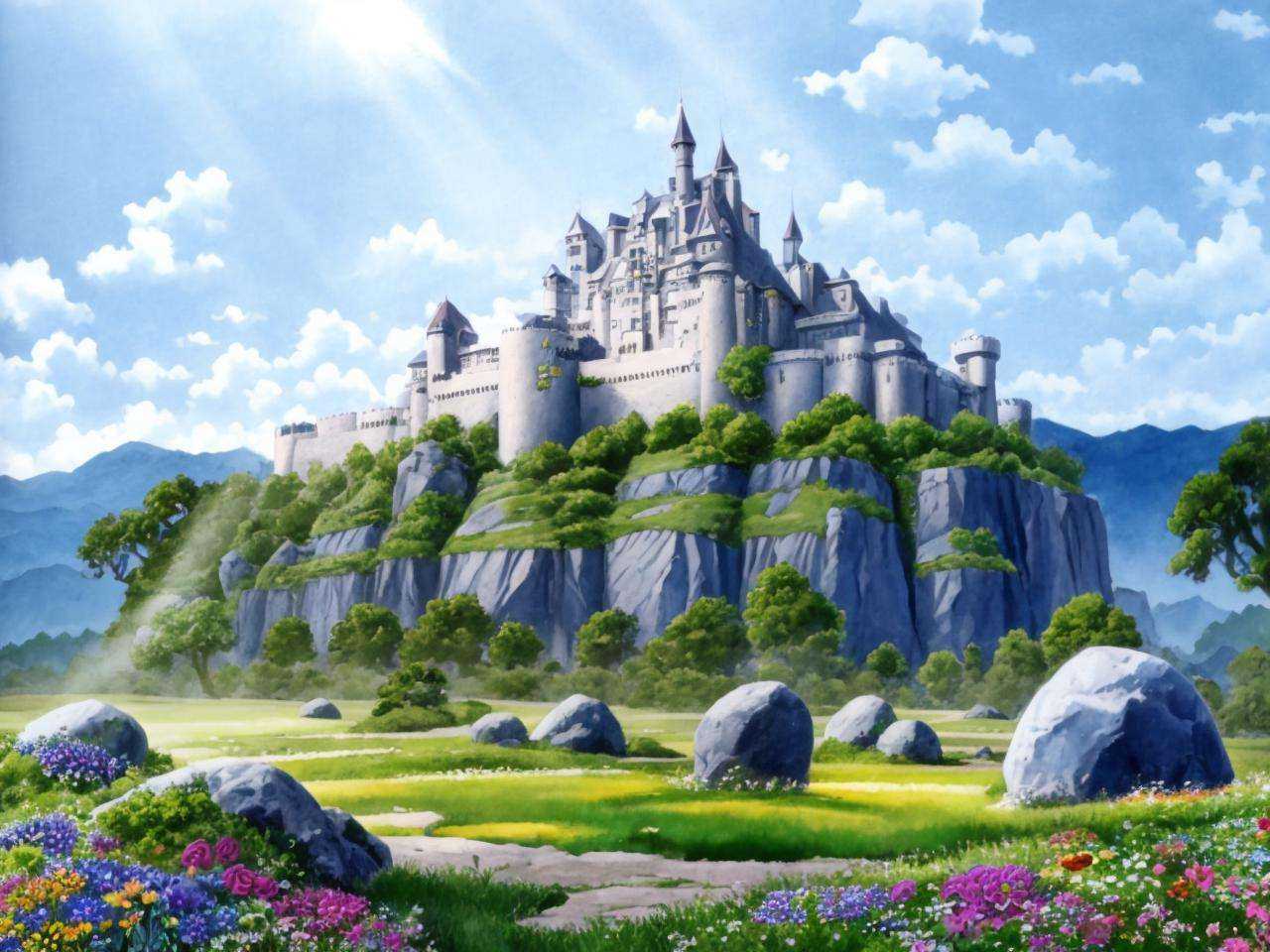 grand landscape,  castle on the hill,  boulders on Tensor.Art